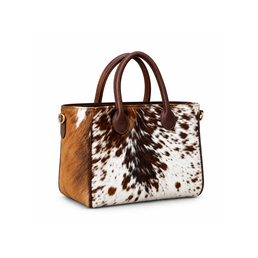Premium Cowhide Leather Tote Bag – Luxury Brown & White Heritage Collection