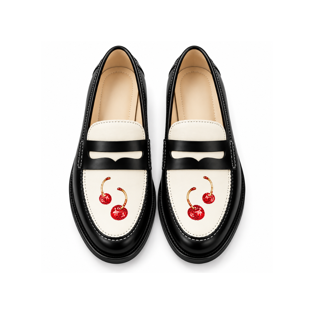 Luxury Cherry Crystal Penny Loafers – Black & Ivory Edition