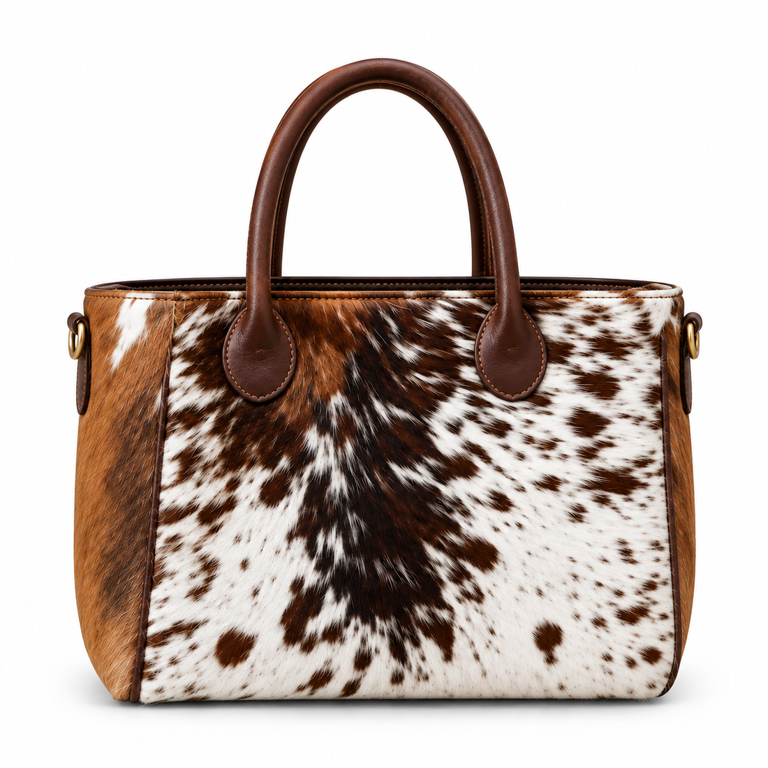 Premium Cowhide Leather Tote Bag – Luxury Brown &amp; White Heritage Collection