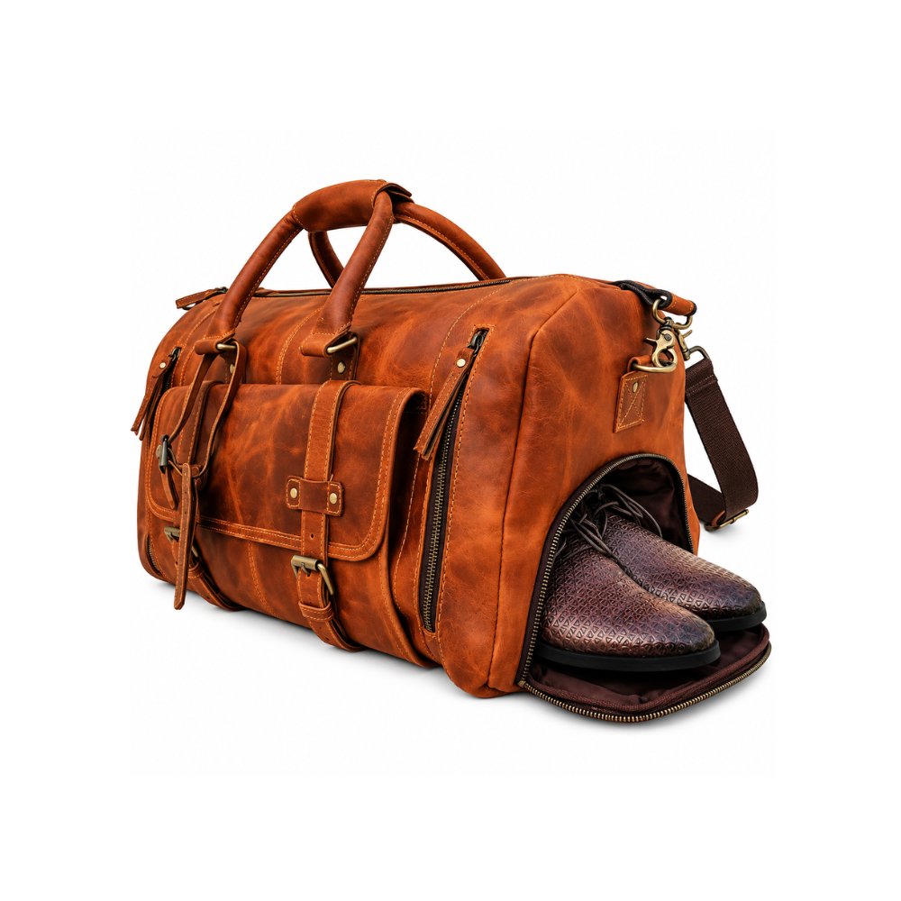 Premium Cognac Brown Leather Travel Duffle Bag with Shoe Compartment – Luxury Heritage Collection