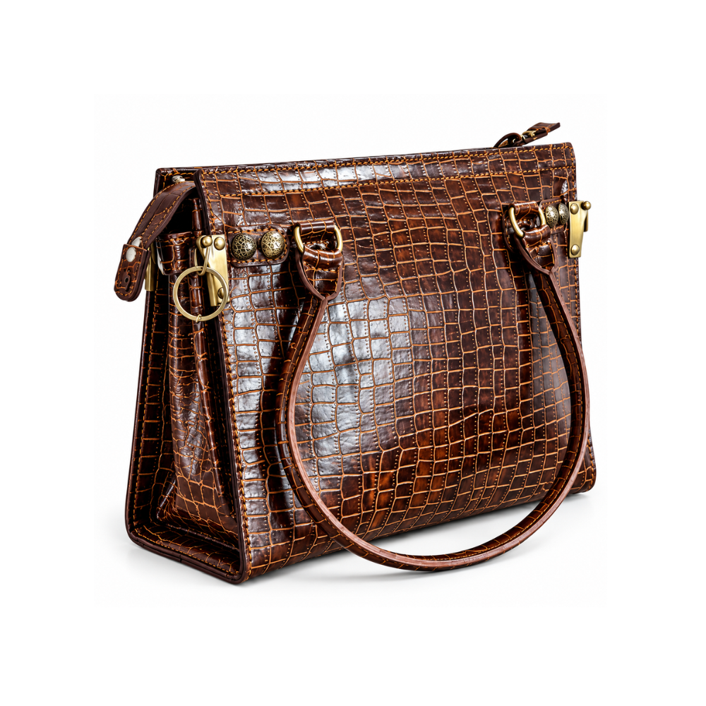 Premium Brown Crocodile-Embossed Leather Handbag – Luxury Signature Collection