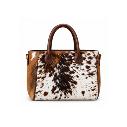 Premium Cowhide Leather Tote Bag – Luxury Brown &amp; White Heritage Collection