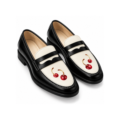 Luxury Cherry Crystal Penny Loafers – Black &amp; Ivory Edition