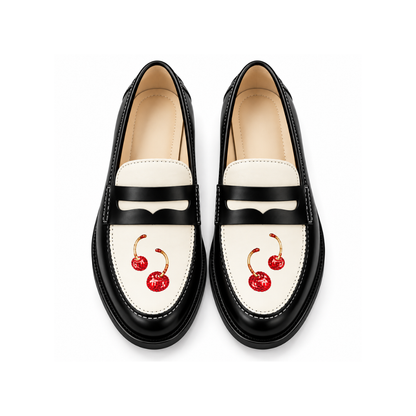 Luxury Cherry Crystal Penny Loafers – Black &amp; Ivory Edition